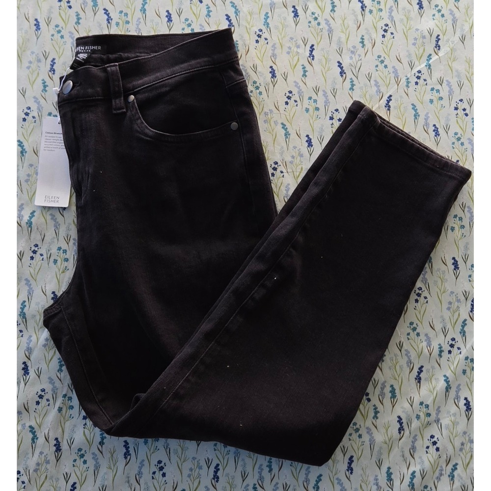 Eileen Fisher Petite High Waisted Slim Ankle Pants Black Cotton Stretch PM NWT‎